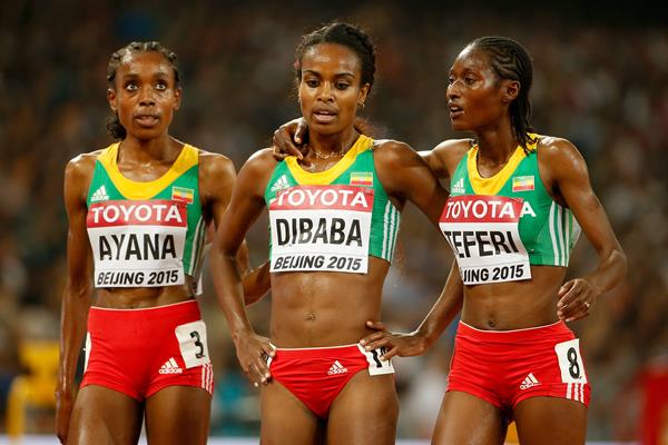 5000m medallists Almaz Ayana, Genzebe Dibaba and Senbere Teferi at the IAAF World Championships, Beijing 2015 (Getty Images)