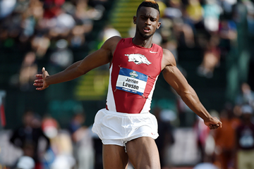 Jarrion Lawson in the long jump at the NCAA Championships (Kirby Lee)