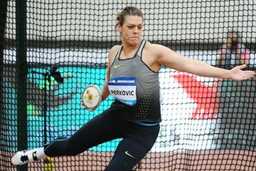 Sandra Perkovic at the 2016 IAAF Diamond League meeting in Shanghai (Errol Anderson)