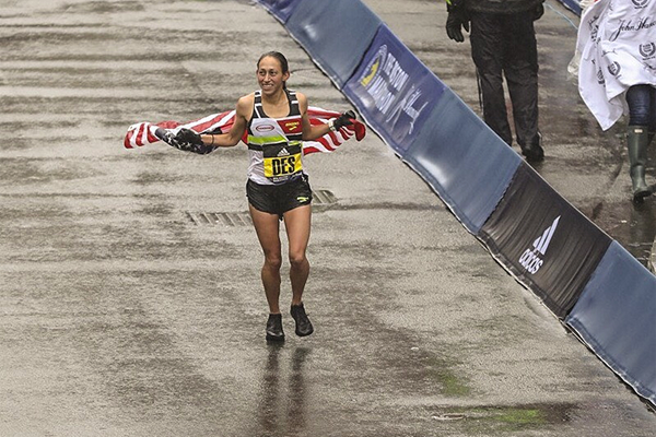 Desiree Linden after winning the Boston Marathon (Justin Britton)