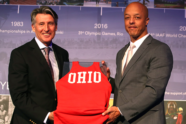 Stuart Rankin, the grandson of Jesse Owens, with an Ohio State vest that was worn by his grandfather (Giancarlo Colombo)