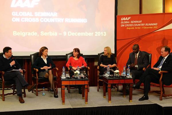 The IAAF Global Seminar on Cross Country Running , Belgrade 2013, Sebastian Coe and five former IAAF World Cross Country Championships winners (Sean Wallace-Jones / IAAF)
