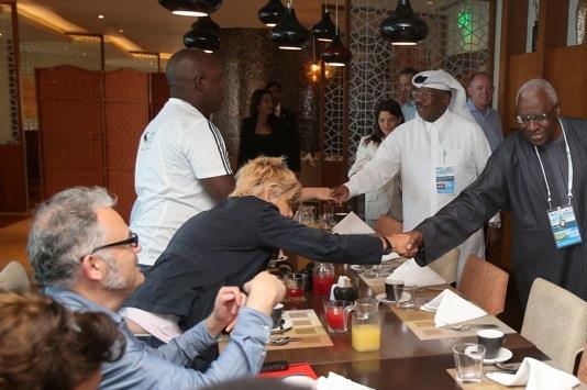 Qatar Athletics Federation President and IAAF Vice President Dahlan Al Hamad, IAAF President and Diamond League AG Chairman Lamine Diack, at a media breakfast in Doha on 9 May 2014 (Doha LOC)