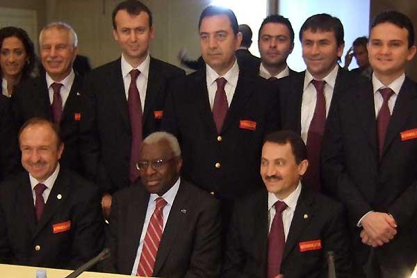 IAAF President Diack with delegates from Istanbul, Turkey, the winning bidders for the 2012 IAAF World Indoor Championships (IAAF)