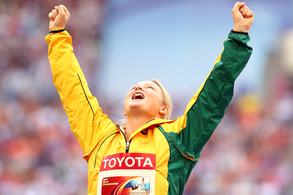 Kim Mickle celebrates her silver medal at the 2013 IAAF World Championships (Getty Images)