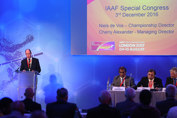The local organising committee of the IAAF World Championships London 2017 deliver a presentation at the IAAF Special Congress in Monaco (Giancarlo Colombo / IAAF)