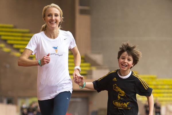 Paula Radcliffe at the IAAF Kids Athletics programme in Monaco to mark the first ever International Day of Sport for Development and Peace (Philippe Fitte)