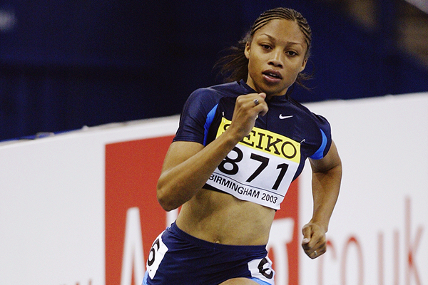 Allyson Felix in the 200m at the 2003 IAAF World Indoor Championships in Birmingham (Getty Images)