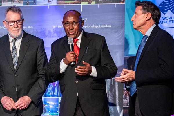 Filbert Bayi with World Athletics President Sebastian Coe at a Mile event in Monac0 (Philippe Fitte)