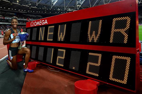 Kendra Harrison and her world record numbers from the London Diamond League (Getty Images)