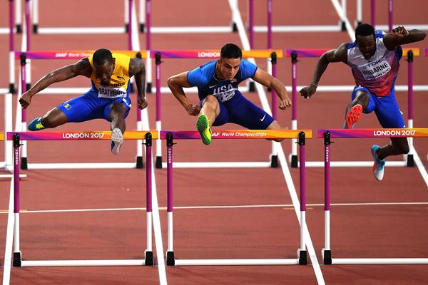 Devon Allen (centre) in the 110m hurdles at the IAAF World Championships London 2017 (Getty Images)