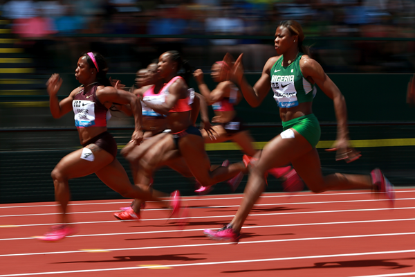 Shelly-Ann Fraser-Pryce on her way to winning the 100m at the IAAF Diamond League meeting in Eugene (Getty Images)