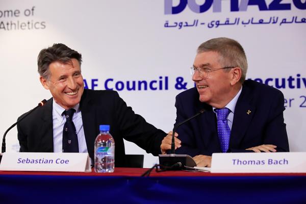 IAAF President Sebastian Coe and IOC President Thomas Bach ahead of ther IAAF World Athletics Championships Doha 2019 (Getty Images)