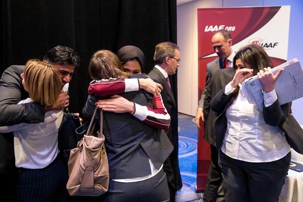 The Doha 2019 delegation celebrate being awarded IAAF World Championships (Philippe Fitte / IAAF)