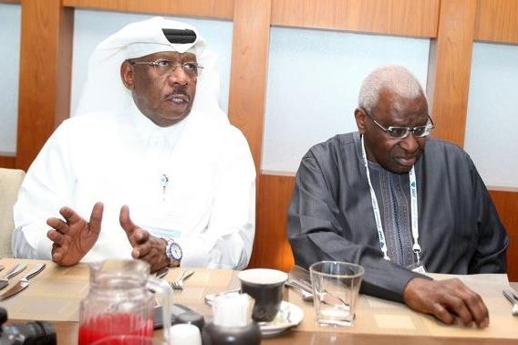 Qatar Athletics Federation President and IAAF Vice President Dahlan Al Hamad, IAAF President and Diamond League AG Chairman Lamine Diack, at a media breakfast in Doha on 9 May 2014 (Doha LOC)