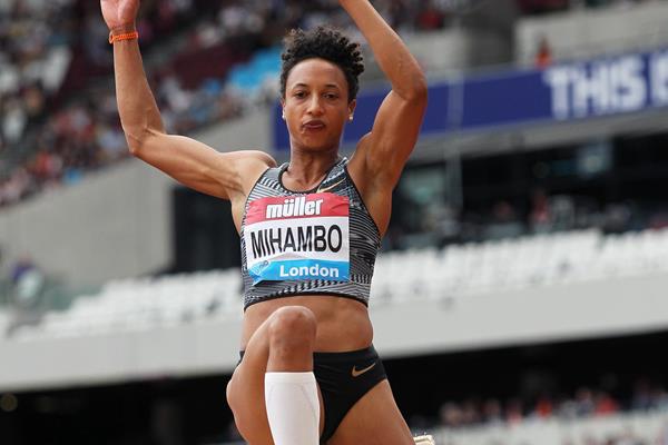 Malaika Mihambo flies to a 7.02m leap in the long jump at the IAAF Diamond League meeting in London (Jean-Pierre Durand)