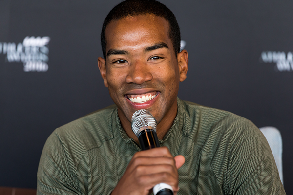Christian Taylor speaks to the press ahead of the IAAF Athletics Awards 2016 (Philippe Fitte / IAAF)