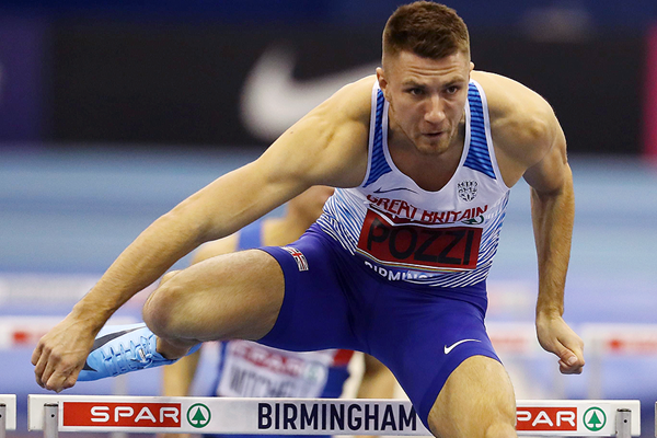 Andrew Pozzi in the 60m hurdles at the British Indoor Championships in Birmingham (Getty Images)