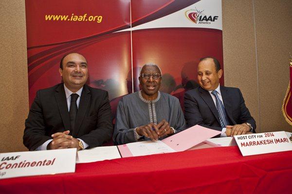 Signing ceremony for the 2014 Continental Cup, which will be hosted by Marrakech: from left, Moncef Belkhayat, Minister of Youth and Sport; IAAF President Lamine Diack; Abdeslam Ahizoune, President of Moroccan Federation (Philippe Fitte)