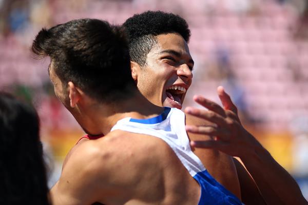 Antonios Merlos and Roberto Vilches celebrate winning joint gold in the high jump at the IAAF World U20 Championships Tampere 2018 (Getty Images)