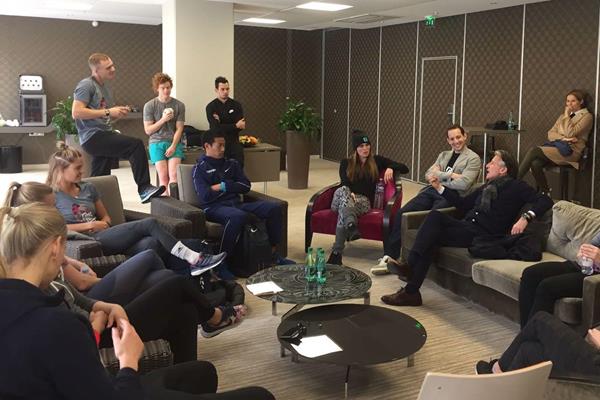 Athletes meet with IAAF President Sebastian Coe at an an informal forum in Clermont-Ferrand (organisers)