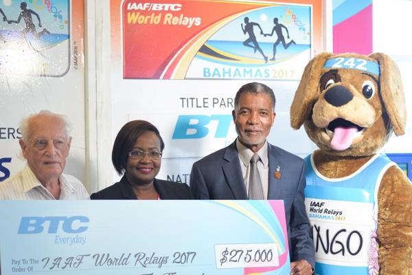 From left: Keith Parker, Managing Director, Local Organising Committee; Rosamunde Carey, CEO, BTC/IAAF World Relays Bahamas 2017; Leon Williams, CEO, BTC and Bingo, Mascot, BTC/IAAF World Relays Bahamas 2017. (organisers)