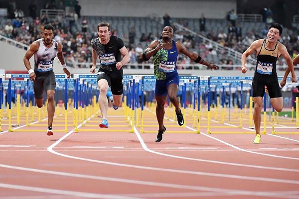 Omar McLeod wins the 110m hurdles at the IAAF Diamond League meeting in Shanghai (Errol Anderson)