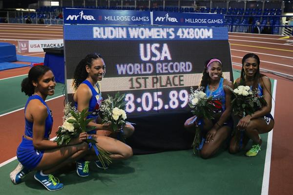 Ajee’ Wilson, Charlene Lipsey, Chrishuna Williams and Raevyn Rogers after breaking the 4x800m world record at the Millrose Games (Organisers / John Neopolitan)