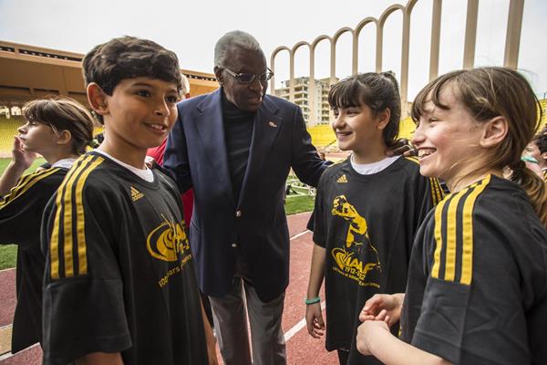 IAAF president Lamine Diack at the IAAF Kids Athletics programme in Monaco to mark the first ever International Day of Sport for Development and Peace (Philippe Fitte)