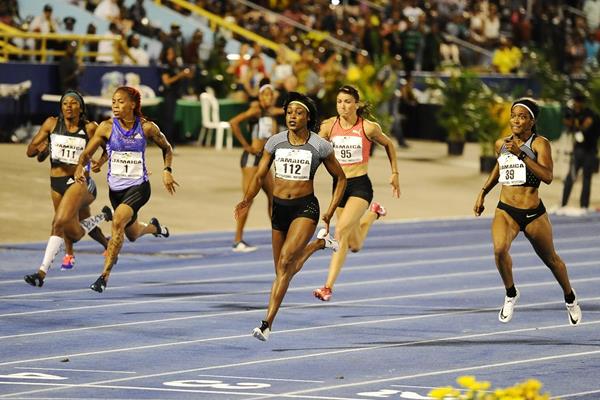 Elaine Thompson wins the 100m at the IAAF World Challenge meeting in Kingston (Errol Anderson)