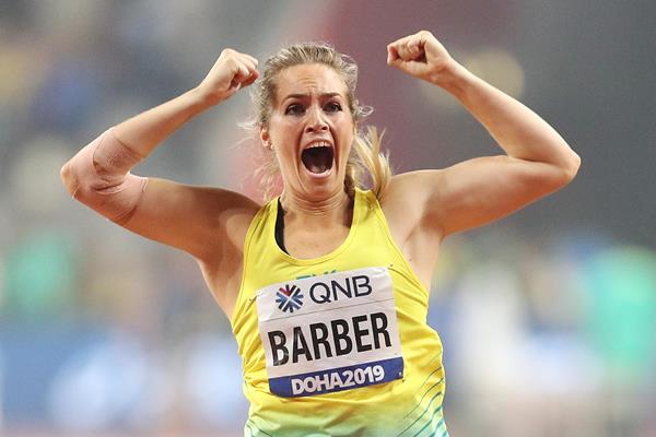 Kelsey-Lee Barber celebrates her javelin victory at the IAAF World Athletics Championships Doha 2019 (Getty Images)