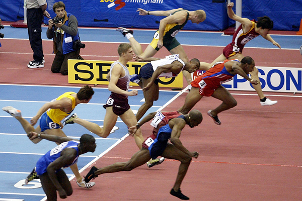 Allen Johnson wins the 60m hurdles from Anier Garcia and Liu Xiang at the 2003 IAAF World Indoor Championships in Birmingham (Getty Images)