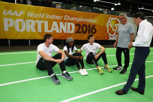 IAAF President Sebastian Coe (right), Harry Marra and participants in the 'On Camp with the IAAF' (Getty Images)