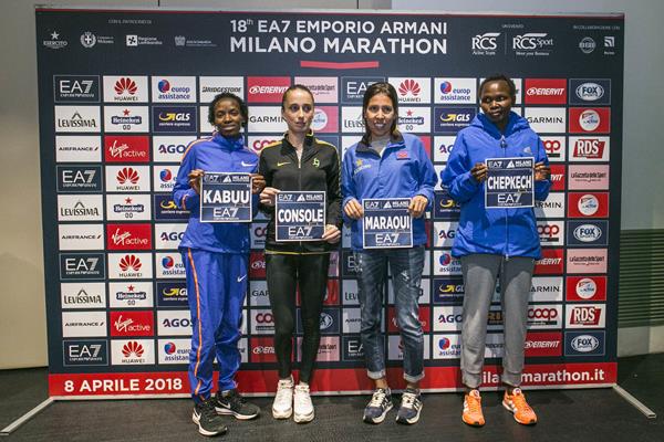 Leading women's entrants on the eve of the Milan Marathon (Organisers/LaPress)