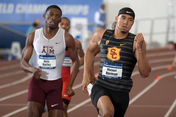 Michael Norman en route to the world indoor 400m record at the NCAA Indoor Championships (Kirby Lee)