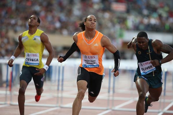 Pascal Martinot-Lagarde winning the 110m hurdles at the 2014 IAAF Diamond League meeting in Lausanne (Giancarlo Colombo)
