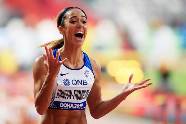Katerina Johnson-Thompson after her PB in the 100m hurdles on the opening day of the heptathlon at the IAAF World Athletics Championships Doha 2019 (Getty Images)