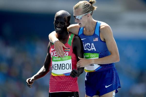 Ezekiel Kemboi and Evan Jager after the 3000m steeplechase at the Rio 2016 Olympic Games (Getty Images)