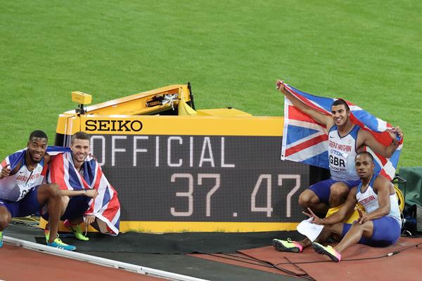 The victorious British 4x100m relay squad at the 2017 World Championships (Getty Images)