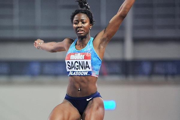 Khaddi Sagnia in the long jump at the IAAF World Indoor Tour meeting in Glasgow (Mark Shearman)