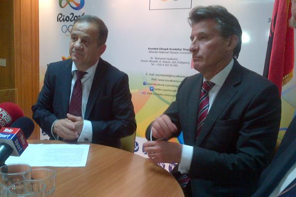 President of the Albanian National Olympic Committee Viron Bezhan and IAAF President Sebastian Coe (IAAF)