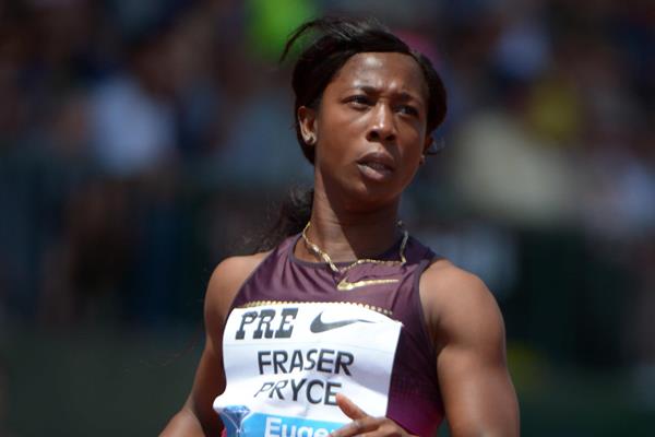 Shelly-Ann Fraser-Pryce after winning at the 2013 IAAF Diamond League in Eugene (Kirby Lee)