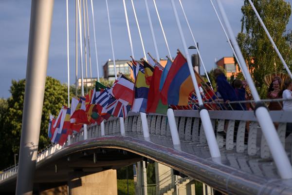 Flags hang on Laukonsilta Bridge in Tampere (Getty Images)