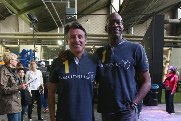 IAAF President Sebastian Coe with 400m hurdles legend Edwin Moses in Berlin (Getty Images)