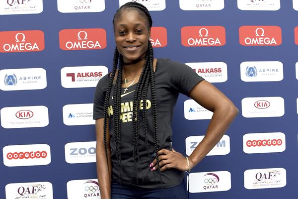 Elaine Thompson at the pre-meet press conference in Doha (Hasse Sjogren/Jiro Mochizuki for the IAAF)