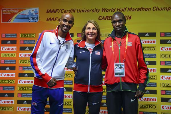 Mo Farah, Sara Hall and Geoffrey Kamworor at the press conference for the IAAF/Cardiff University World Half Marathon Championships Cardiff 2016 (Getty Images)