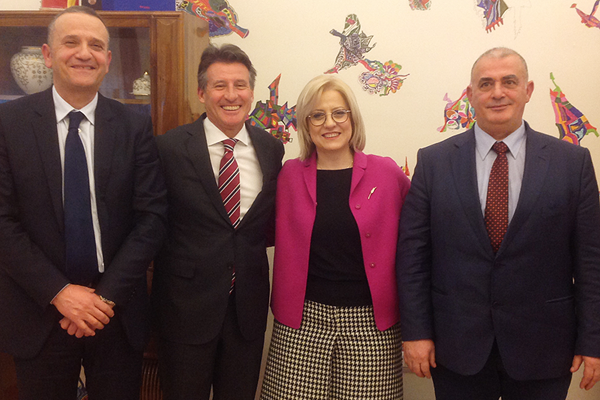 Albanian Athletics Secretary Nikolin Dionisi, Minister of Education and Sports Lindita Nikolla, IAAF President Sebastian Coe and Albanian Athletics President Gergj Ruli ()