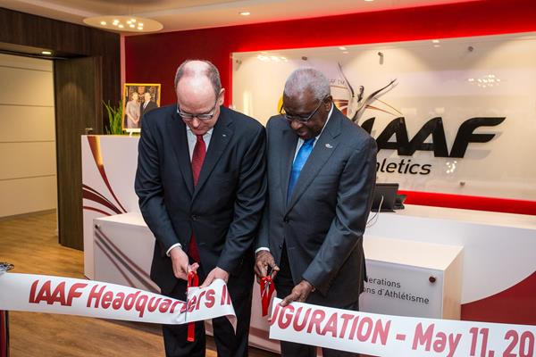 HSH Prince Albert II of Monaco and  IAAF President Lamine Diack at the inaugeration of the new IAAF HQ (IAAF / Philippe Fitte)