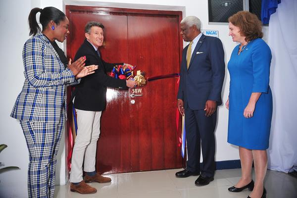 Minister of Youth Sport and Culture Lanisha Rolle, World Athletics President Sebastian Coe, NACAC President Mike Sands and British High Commissioner to The Bahamas Sarah Dickson at the inauguration of the NACAC headquarters in Nassau (Kermit Taylor)