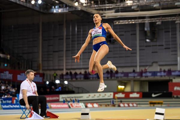 Maryna Bekh-Romanchuk in the long jump at the World Athletics Indoor Tour meeting in Glasgow (Dan Vernon)